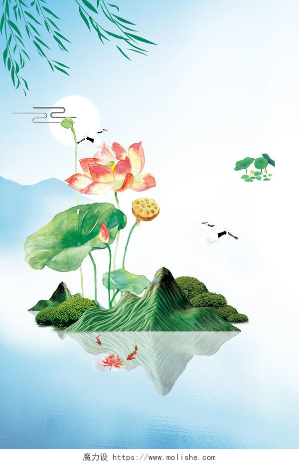 中国传统节日绿荷青山24节气小暑海报背景
